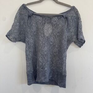 Daytrip Lace Knit Dolman Top Womens Medium Gray Sheer Keyhole Whimsigoth Indie